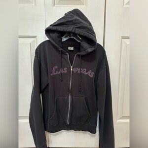 Black Zip Up Hoodie, “Las Vegas” bling in Silver/Purple, Fits like Ladies M-L